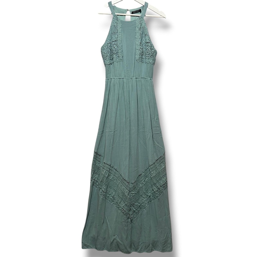 Doe & Rae Halter Maxi Dress Sage Green Lace Inset Boho Sleeveless Size Small